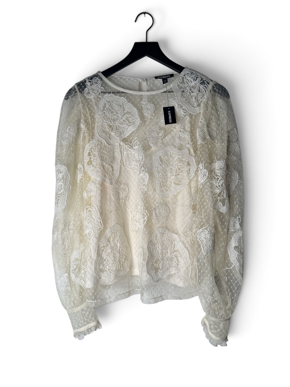Express Cream Lace Floral Long-Sleeve Blouse